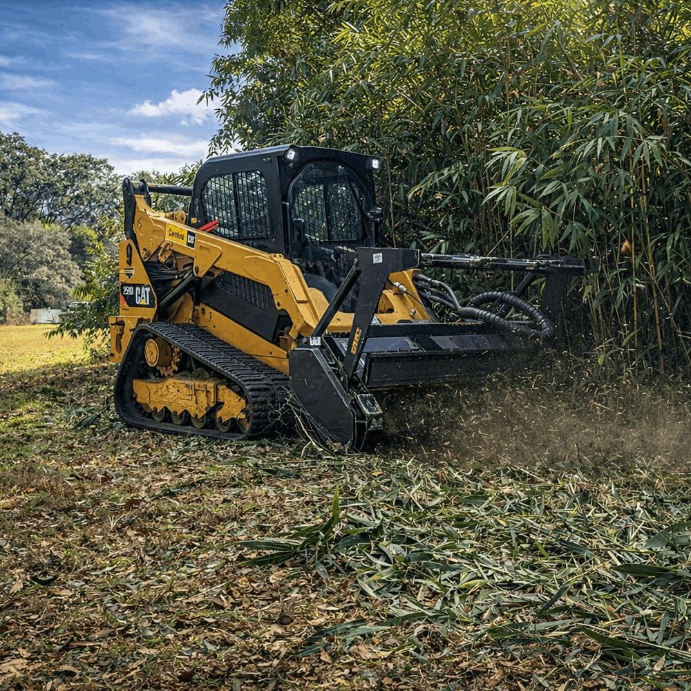 Crew clearing dense overgrowth from rural homesite before driveway and building pad preparation