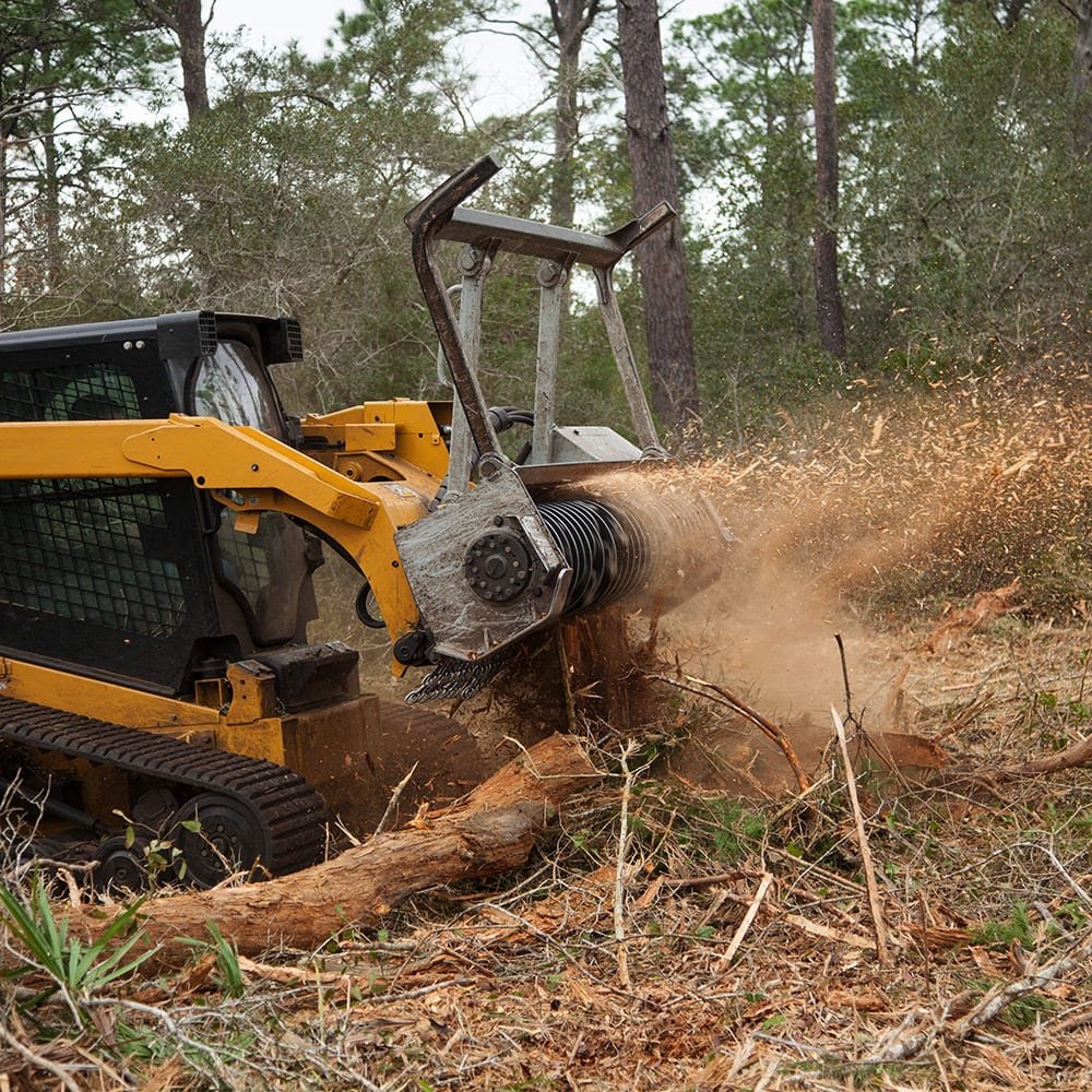 Forestry mulcher clearing thick brush along rural property access trail after heavy seasonal growth