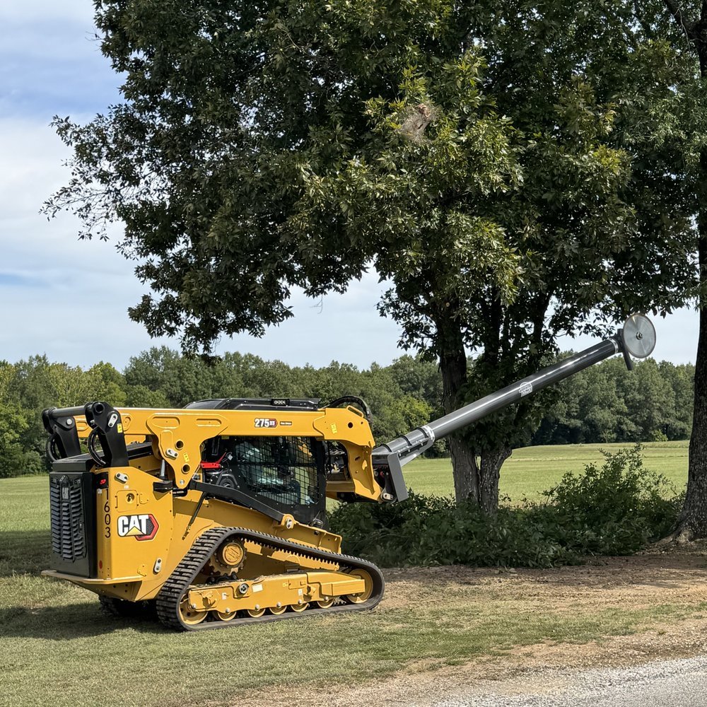 Crew removing leaning tree beside driveway near home with controlled equipment